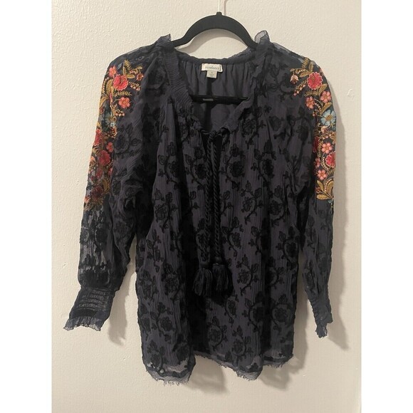 Sundance Long Sleeve Lace Top Embroidered Tie Front Sheer Size S Floral Blouse - Picture 1 of 10